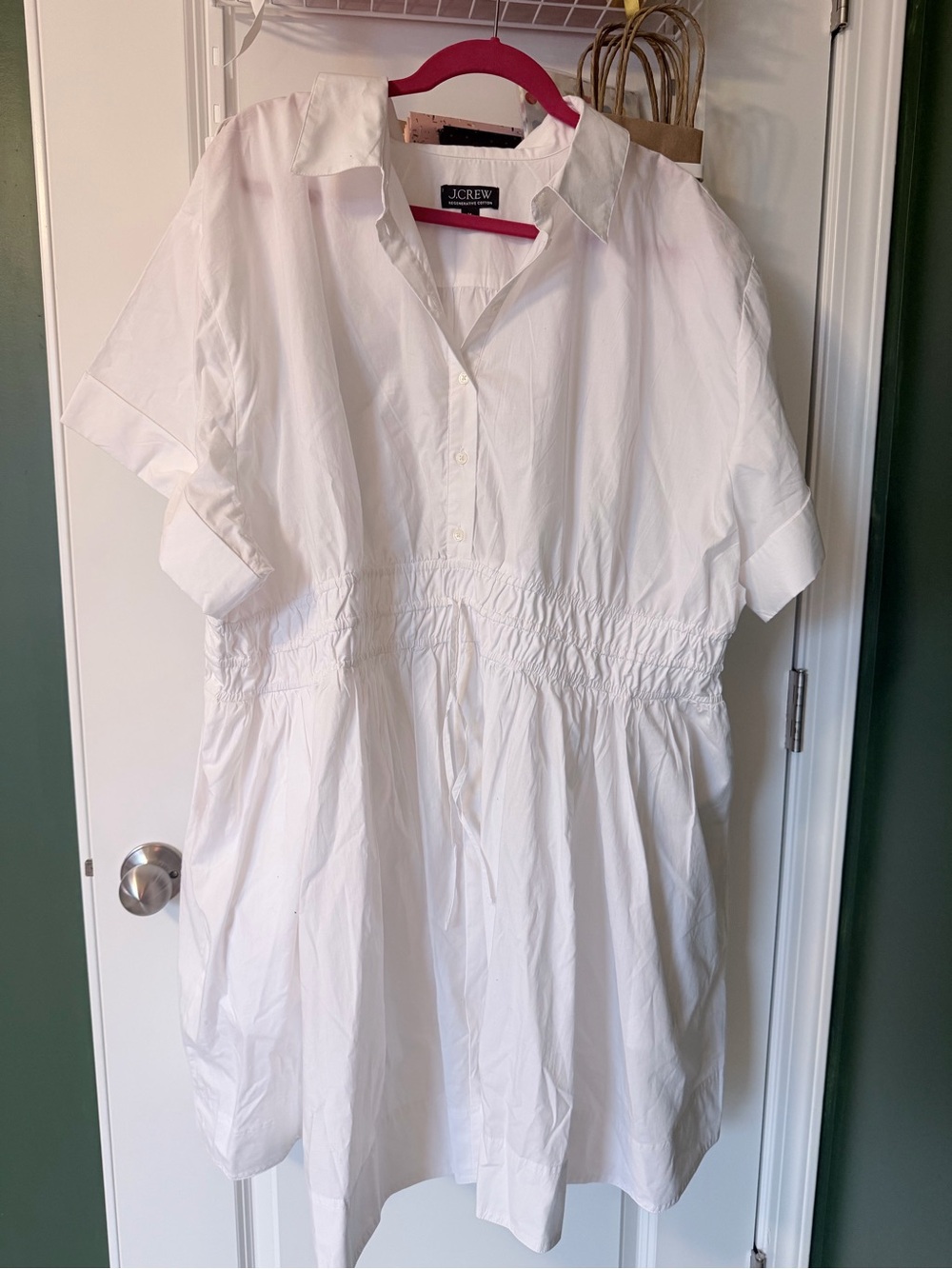 J. Crew White Short-Sleeve Shirtdress with Elastic Waist
